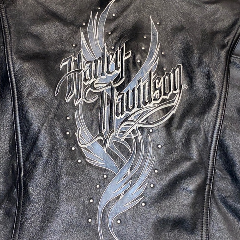 Harley-Davidson Women's Black Leather Jacket with Gray Design